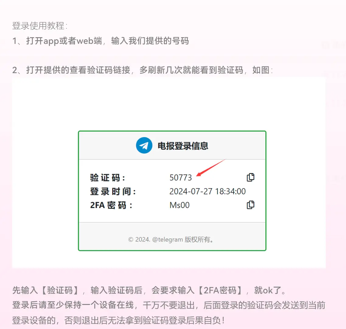 Telegram 接码链接查看验证码示意