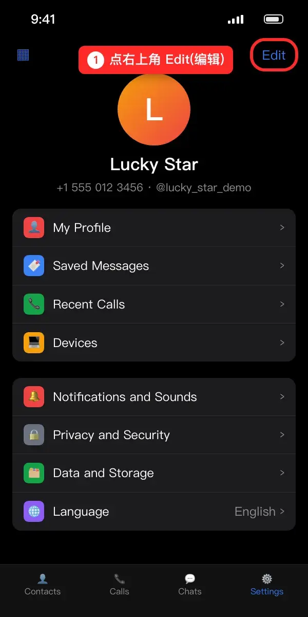 Telegram 设置页右上角的编辑按钮(示意图)
